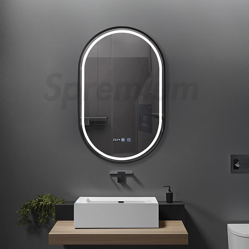 Miroir en verre de forme ovale pour la décoration murale. Miroirs intelligents en métal avec cadre ovale pour salon de coiffure et salle de bains, équipés de lumières LED.