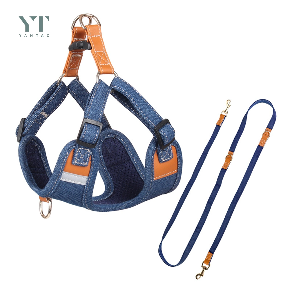 Hot Selling Ins High quality/High cost performance  Custom Logo Pet Harness Luxury Fashion Adjustable No Pull Soft Mesh Padded Harness Extended Leash Denim Pet Dog Harness Set