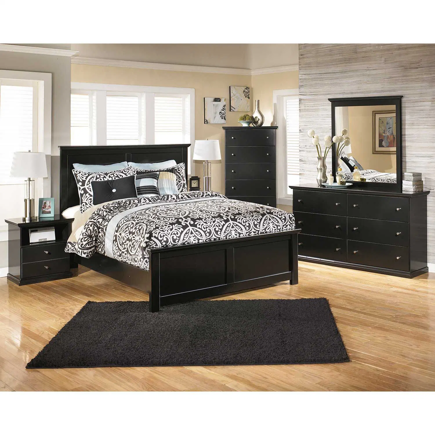 China pintado de negro al por mayor de 5 piezas de madera juego de dormitorio muebles incluyen Single Doble cama King Size que componen Vantity armario vestidor