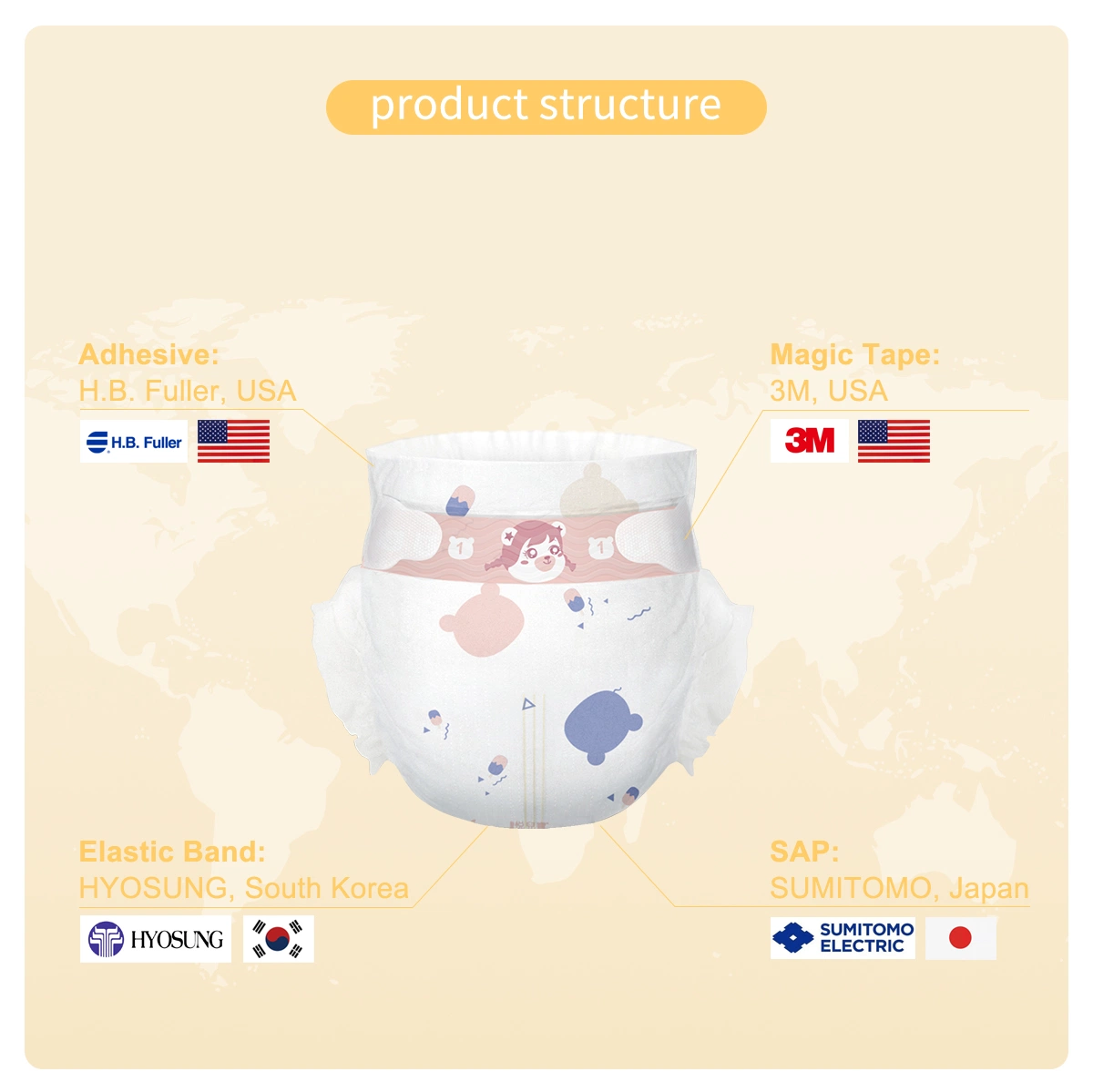 Outlet Customization Available Saps Diaper Natural Skincare Yeebo Chamomile Extract Disposable Baby Diapers/Nappy