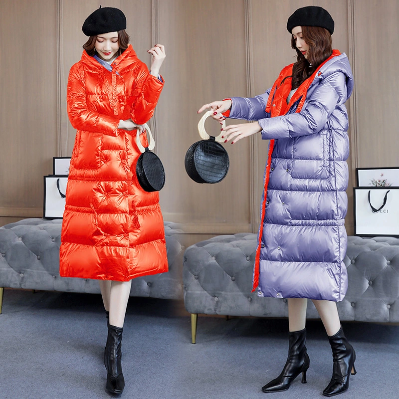 Высокое качество зимней моды женщин толстый теплый блестящих вниз заполнены пальто Длинный двусторонний Puffer куртка