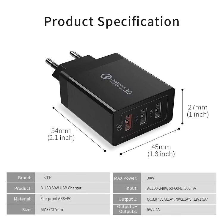 3 Cargador USB de carga rápida QC3.0 30W Cargador de pared en el REINO UNIDO