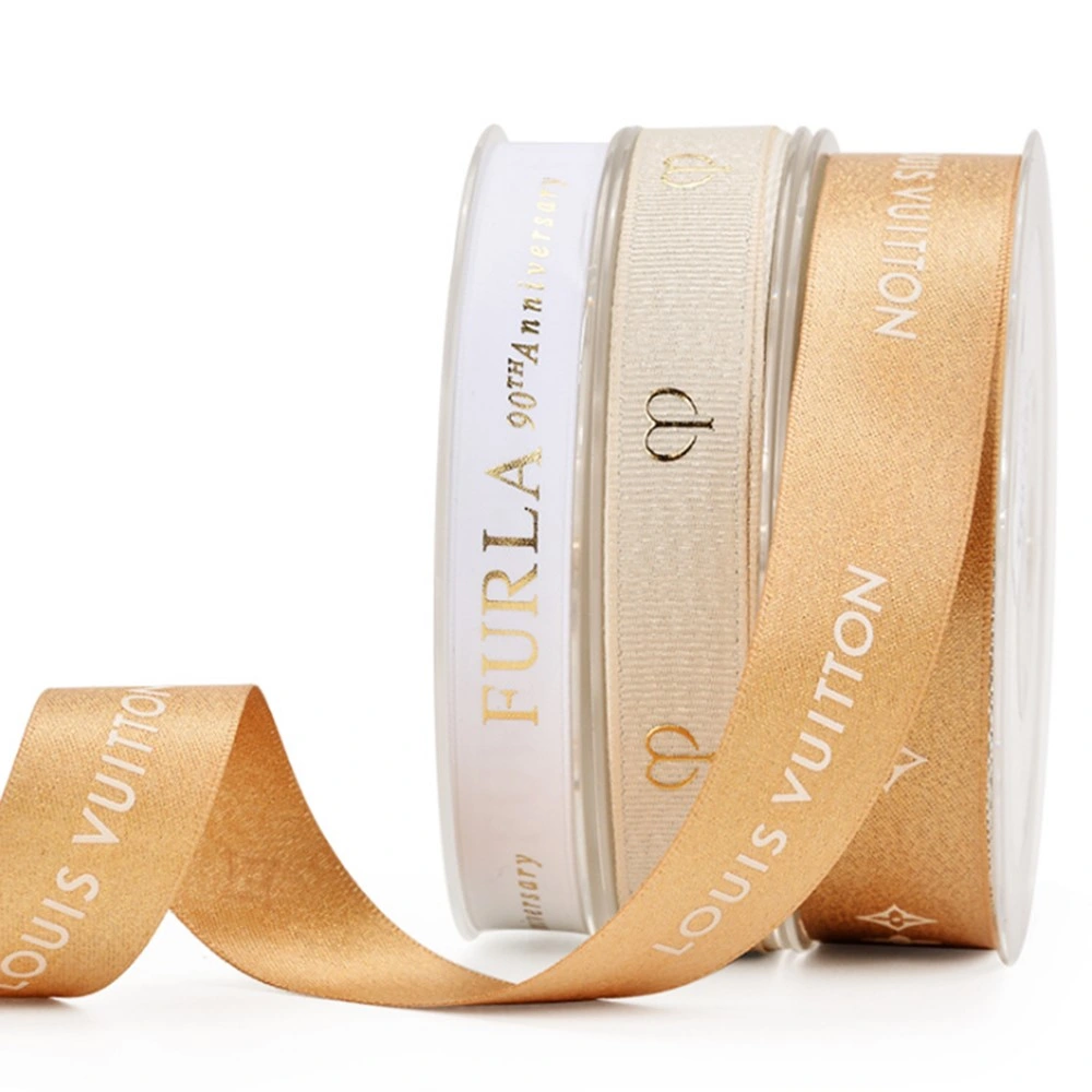 China Wholesale/Supplier Custom Logo Printed Gold Foil 1/2, 1, 2 Inch 100 Polyester Printed Satin Ribbon for Packing Decoration