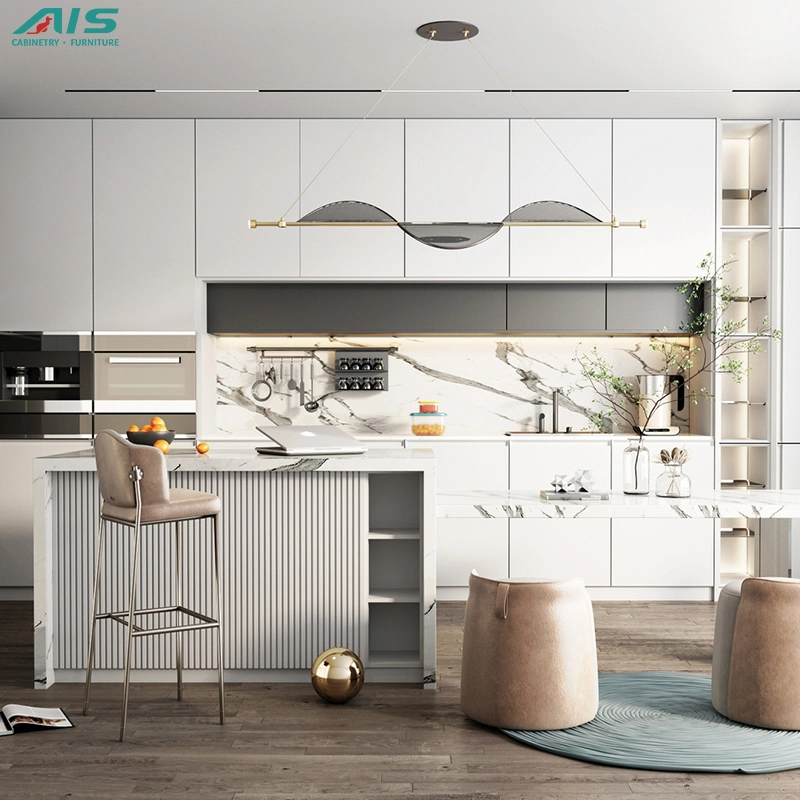 Diseño rústico moderno de lujo de estilo americano de alta gama Personalizar casa Muebles de cocina de armario de laca en forma de L de Gray Shaker