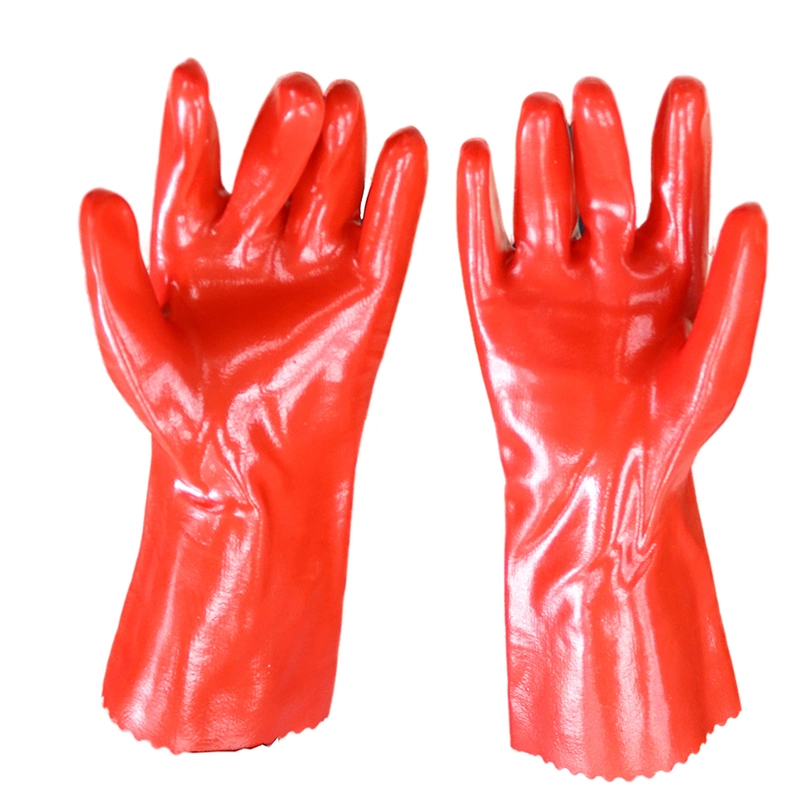 Luvas de trabalho em PVC vermelho, totalmente impregnadas, longas luvas à prova de água Luvas baratas de PVC resistentes a produtos químicos industriais