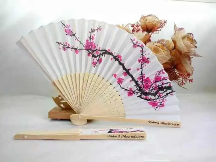 Custom Printed Logo Personalized Bamboo Paper Silk Fabric Folding Hand Fans for Wedding Party Gift