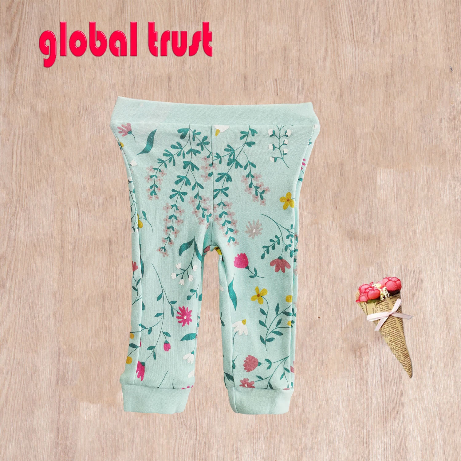 Cotton Kids Clothing Customized Printing Baby Legging Flower Green Baby Pants