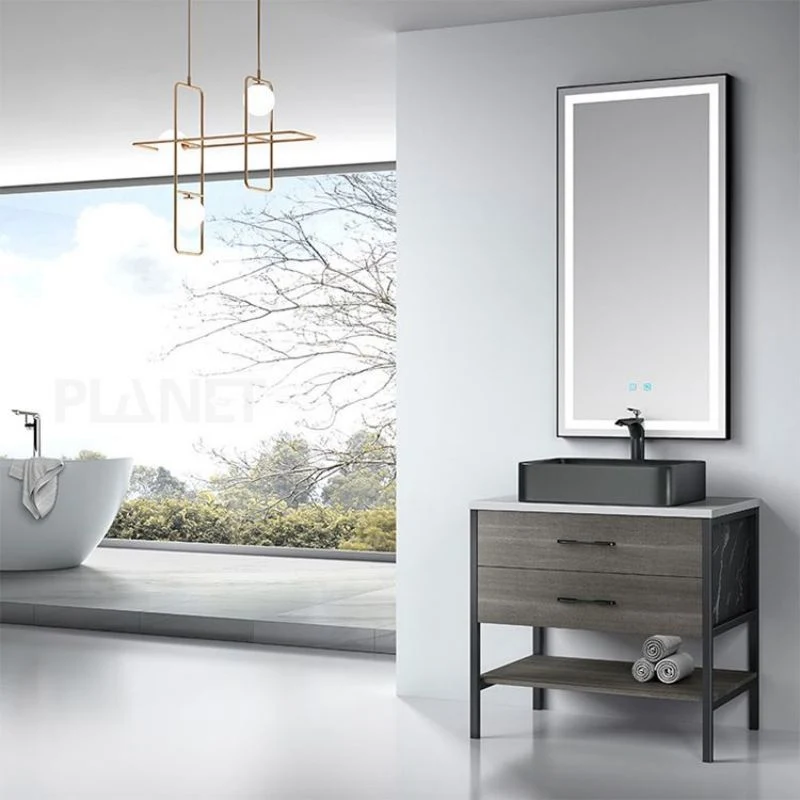 Meuble de salle de bain moderne en bois avec miroir, lavabo et meuble de rangement en granit.