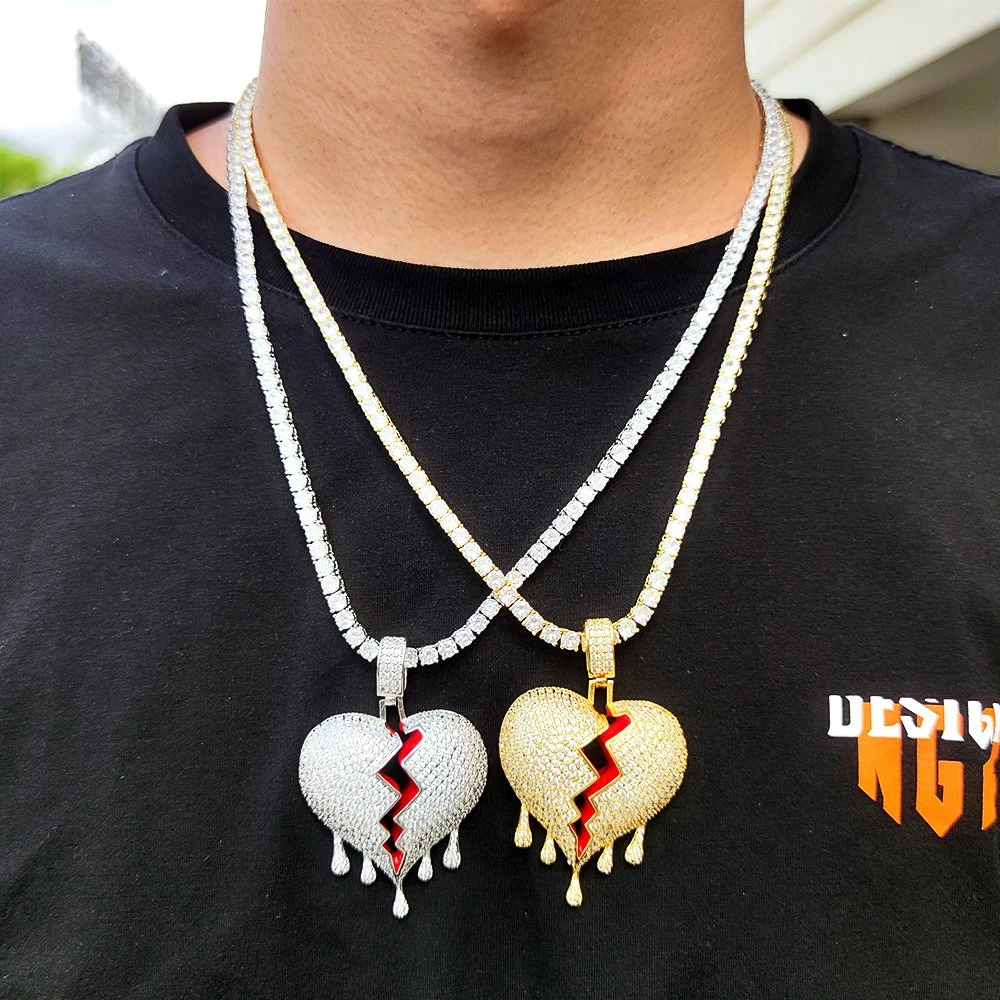 Nouvelles de hip hop européens et américains de zircon Water drop Heartbreak exploitable Pendentif coeur bijoux Brokeheart cassé