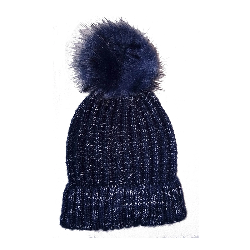 Lady Winter Fashion Warm Chunky Bobble Hat Cap with Faux Fur Pompom