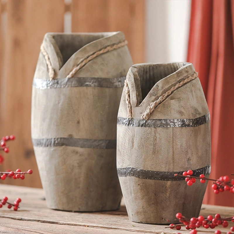 Vase en bois de fer avec raccord en bois de paulownia fait à la main pour les ornements de pots de fleurs.