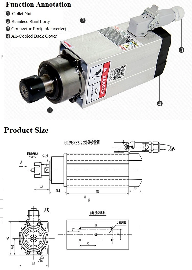 Gdz93X82-2.2kw Square Air-Cooled Spindle Woodworking Engraving Machine Four-Bearing High-Speed Motor Accessories