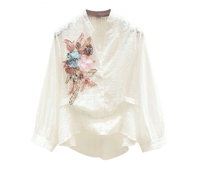 Fashion Sequin Embroidery Flower Decoration V-Neck Long-Sleeve Women Shirt of Apparel