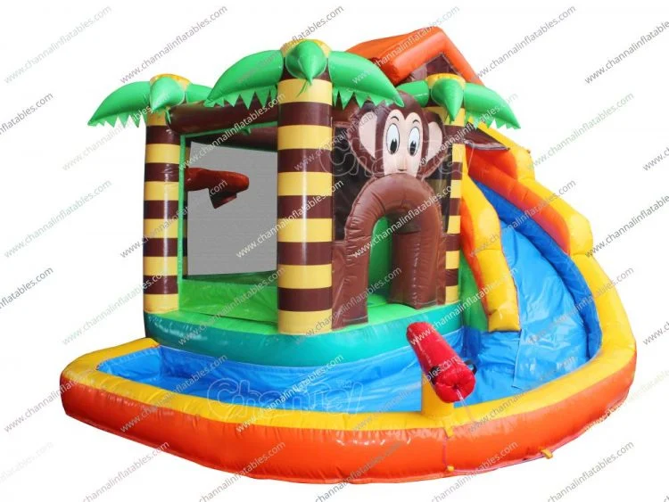 Monkey Themed tobogán acuático con piscina en la Selva Casa Salto Gorila inflables inflables de PVC del Lago Mono de rebote combinado de diapositivas de la casa