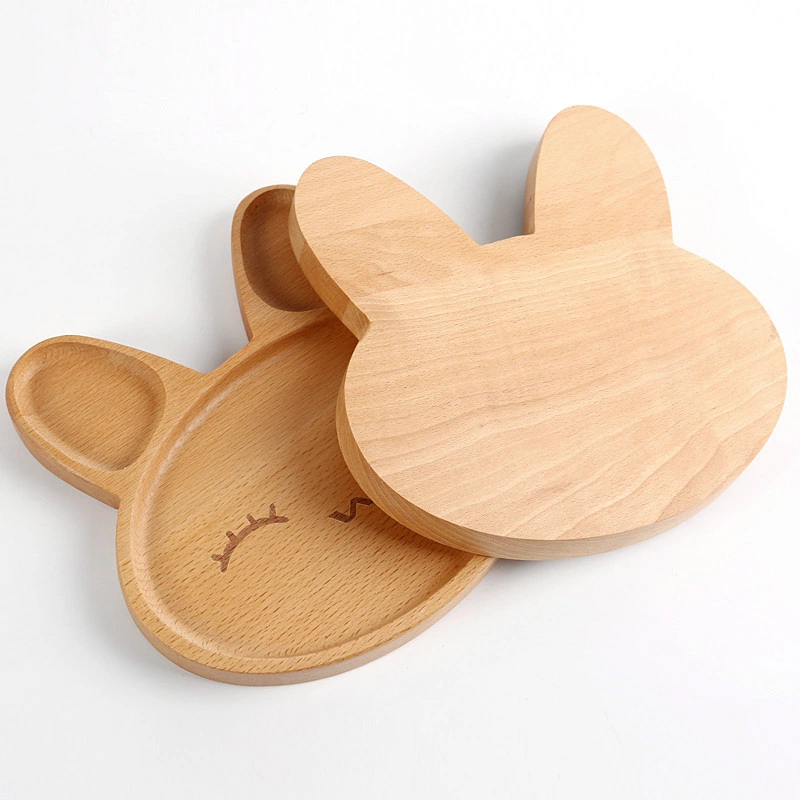 Eco-Friendly Natural Beech Wooden Plate Cartoon Wooden Serving Tray for Children