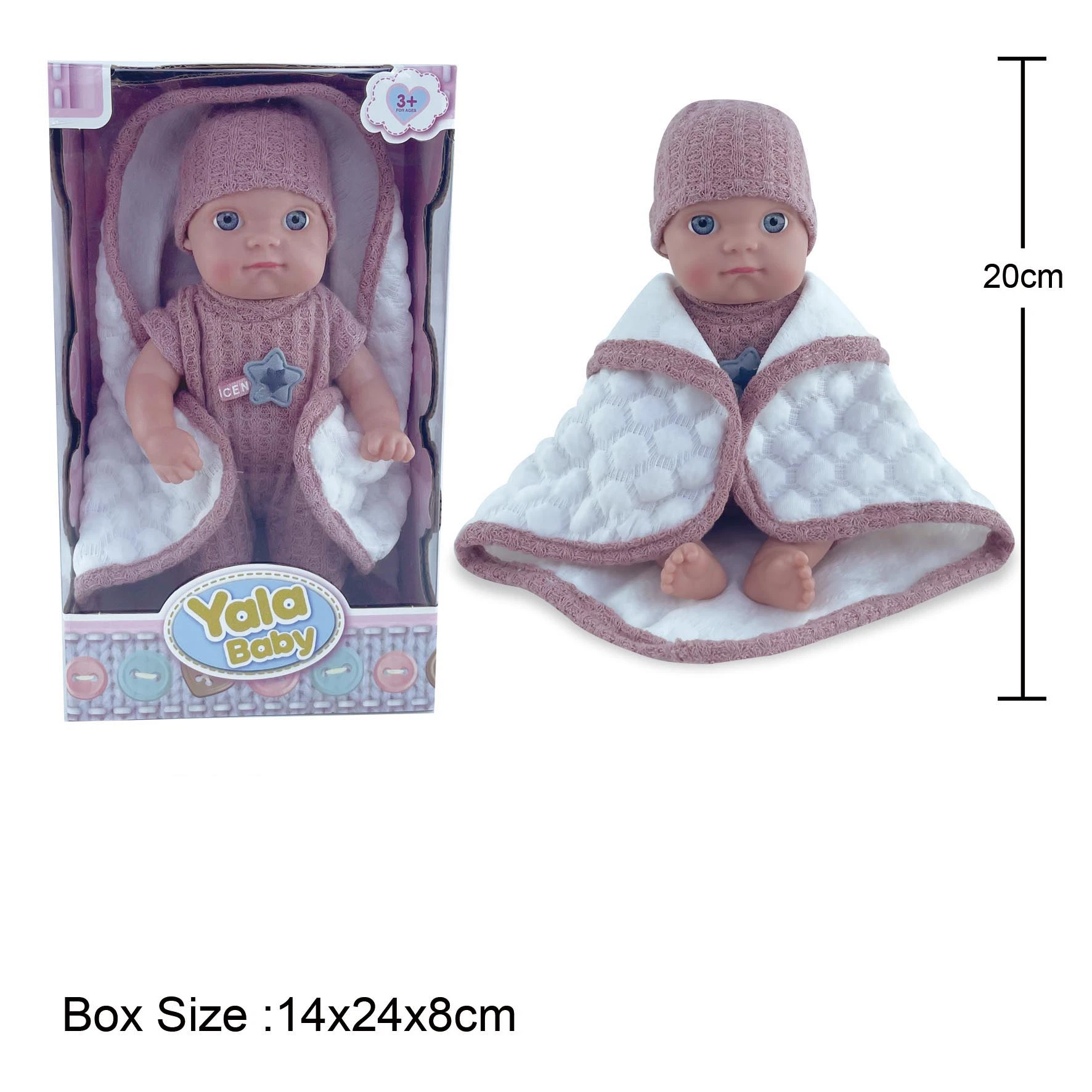 Nuevo 8" buena calidad cara encantadora bebé niño pequeño PVC Mini Muñeca con manta de tela de moda