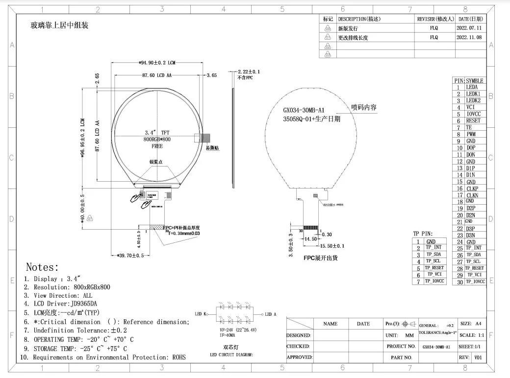 3.4 Inch TFT LCD Module Circular Round LCD Display with 800*800 Dots