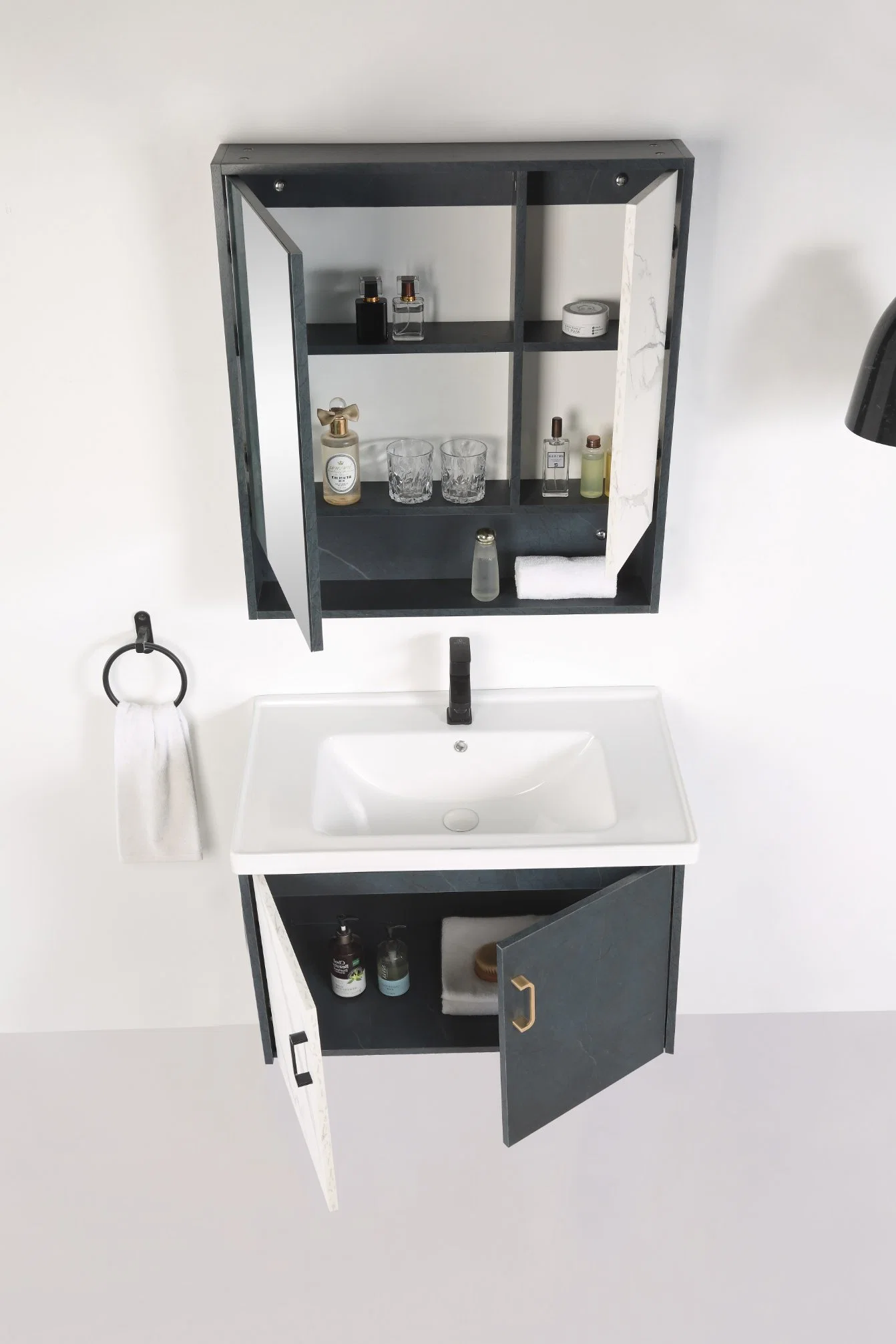 Sanitary Ware Light Luxury Bathroom Cabinet Blue Color Wooden Furniture Vanity Ceramic Basin Sink Equipment