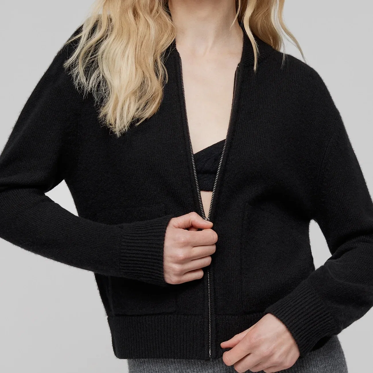 100% Pure Cashmere Knitted Bomber Style Jacket Zip-up with Patch Pockets