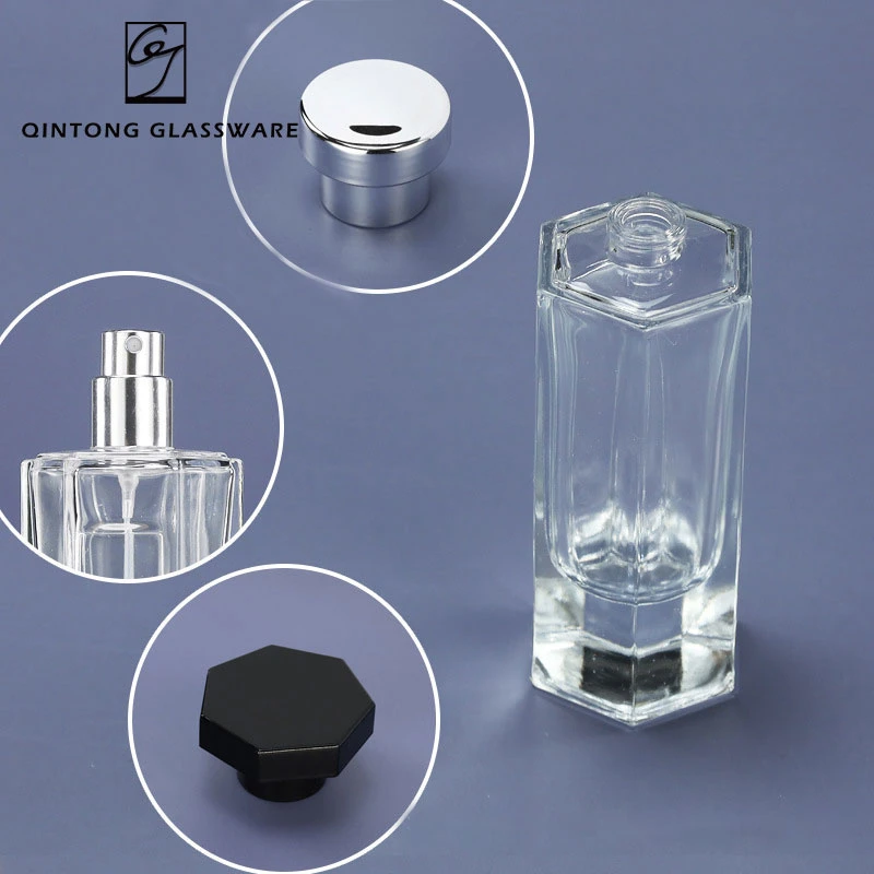 Wholesale/Supplier 50ml 100ml Hexagonal Cosmetics Fragrance Glass Packaging Perfume Bottle with Black and Silver Cap