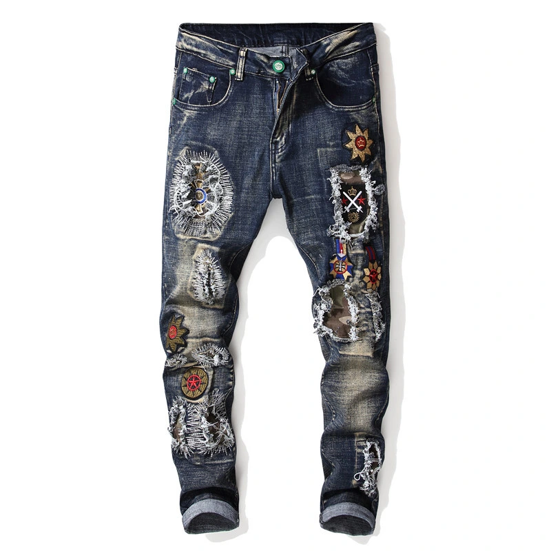 2023 Custom Herren Jean Hip Hop Patch Ripped Denim Casual Denim Hosen Großhandel/Lieferant Fashion New Style für stilvolle Blau dünn Passende Hosen Jeans für Herren