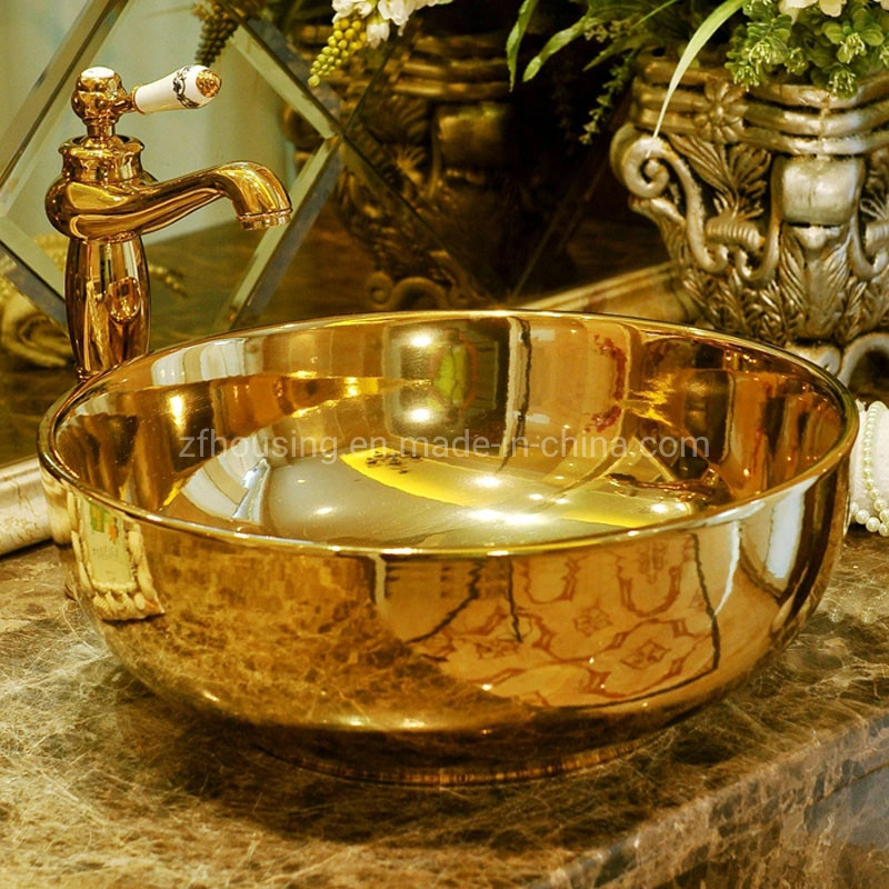 Gold Color Hand Painted Ceramic Wash Basin Bathroom Sink Bathroom Copper Sink