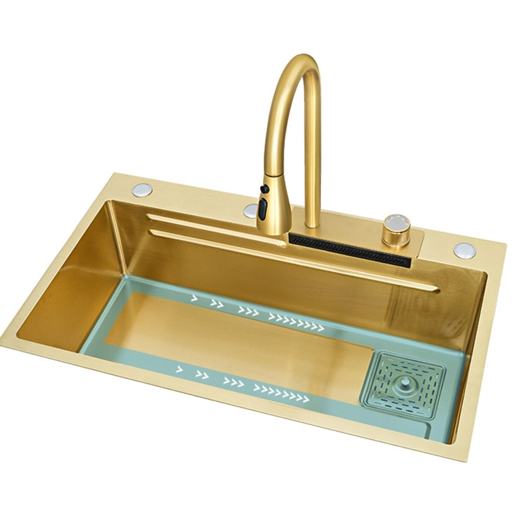 2023 تيكتوك 30 32 بوصة الفردي الحوض نانو Golden Waterfall Sweep Gold 304 Stocket Steel Faucet المطبخ المصنوع يدوياً