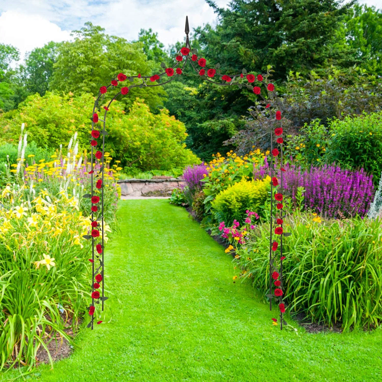 precio de fábrica la decoración de jardín producir hierro Metal telón de fondo del arco de boda con flor