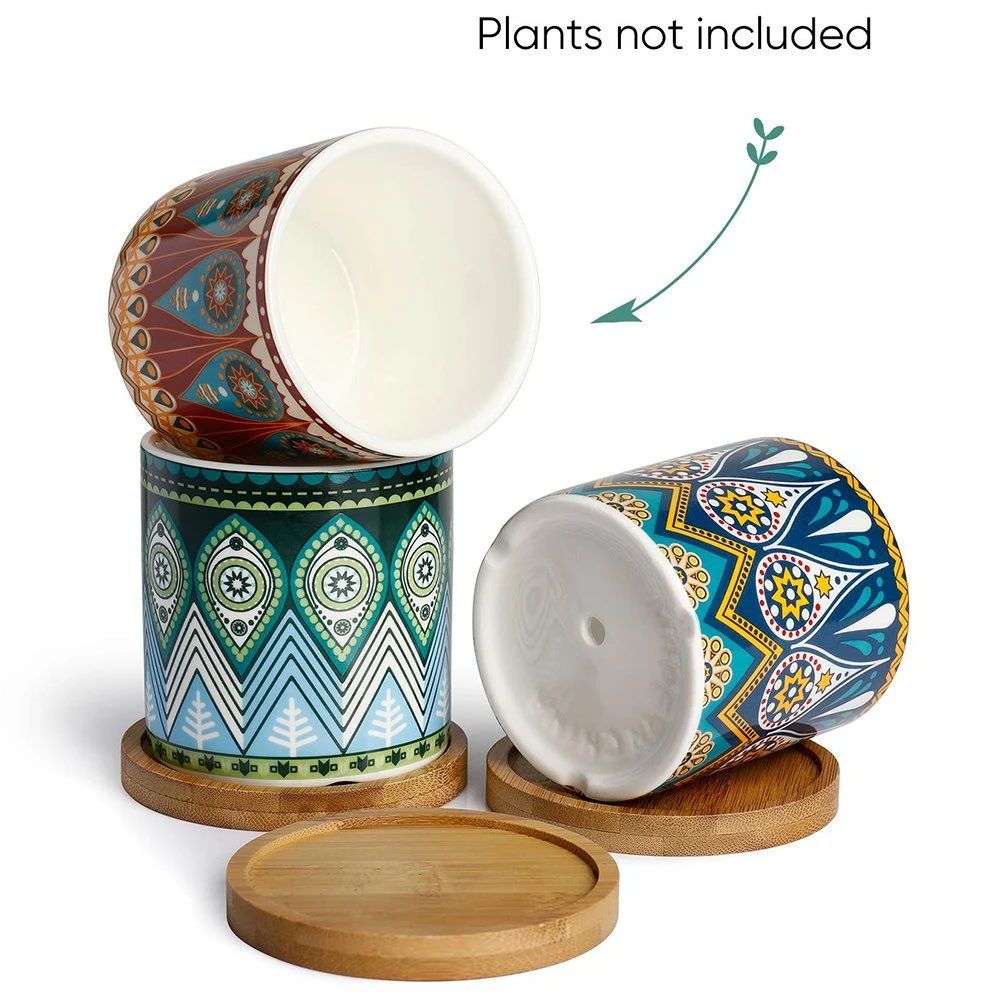 Succulent Planter Pots 3 Inch Small Ceramic Planters Plants Pots Mini Flower Vase with Bamboo Tray and Drainage Hole for Indoor Plants, Colorful Mandala Pattern