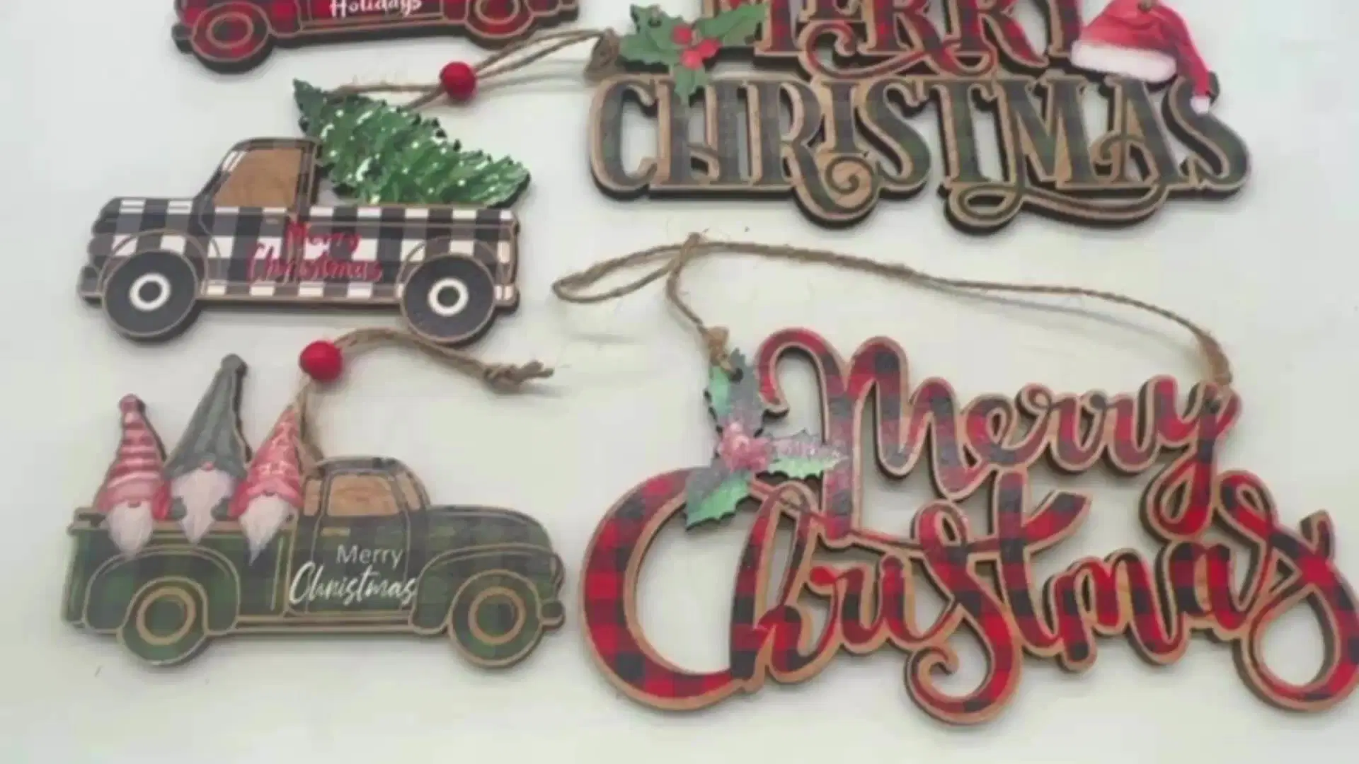 Happy Christmas Hanging Plaid Colored Christmas Sign Wood Hanging Piece