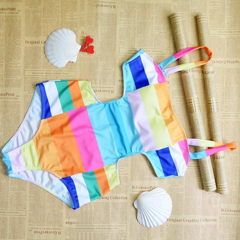 Rainbow Beachwear Stripe Swimwear Hollow out Hot Sexy Girl Sexy Bikini One Piece Swimsuit