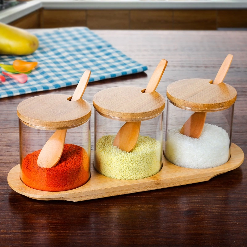 Factory Glass Spice Jars Sets with Lids Spoons and Wooden Tray Holder