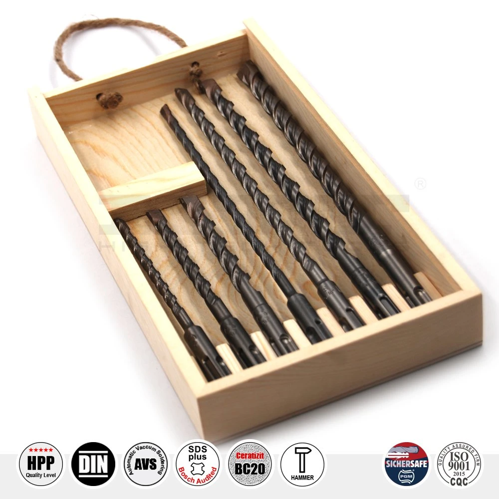 Pgm German Quality 7PCS Hammer Drill Set SDS Plus in Bamboo Box for Concrete Brick Stone Cement Drilling