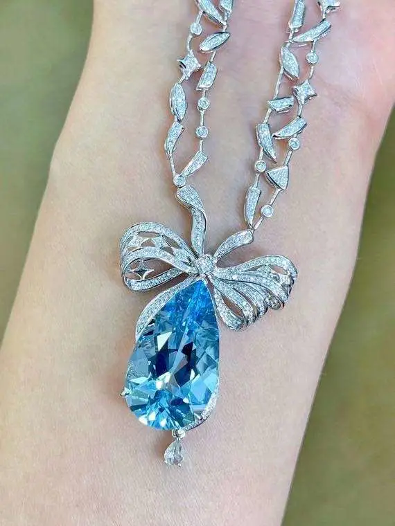 Unique Style 925 Silver Bow Necklace 18K Gold Plated Water Drop Aquamarine (Santa Maria) Pendant Fine Jewelry