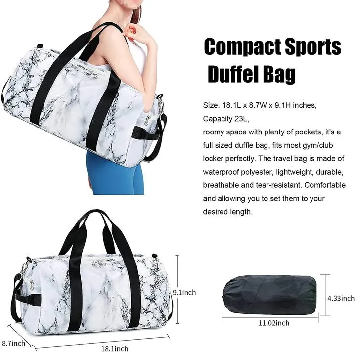Sport Gym Duffle Travel Bag for Men Women Duffel with Shoe Compartment Wet Pocket Marble White