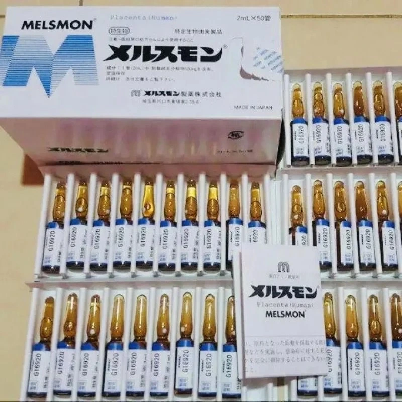 Melsmon Japon Original placenta humain injectable anti vieillissement soins de la peau Injection Haut de page Vente Melsmon placenta humain 50 ampoules