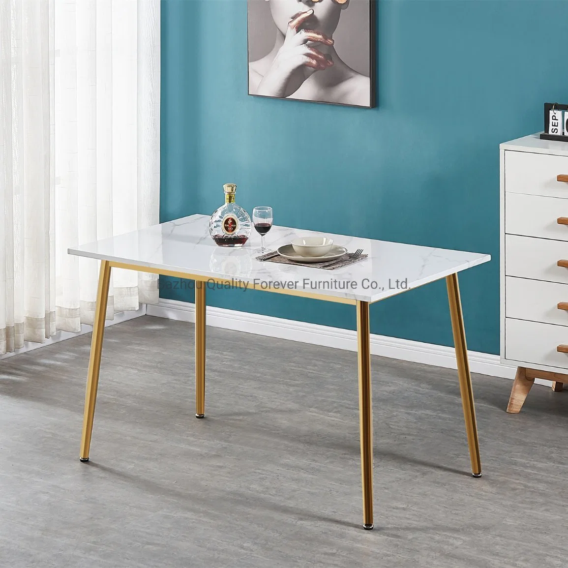 Modern MDF with Marble Paper Gold Steel White Dining Table