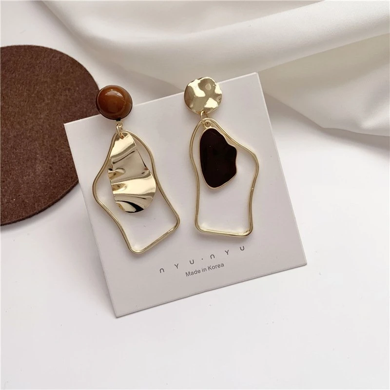 Gold Wire Red Enamel Geometric Irregular Fashion French Asymmetric Earrings