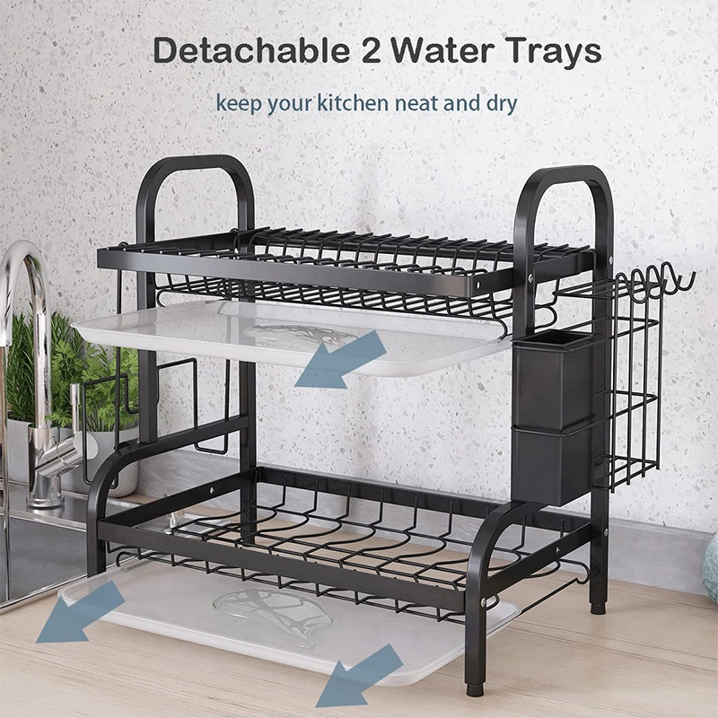 Promotional Double Drip Tray Kitchen Dish Drain Rack 2 Tier Dish Drying Rack Cutlery Drainer