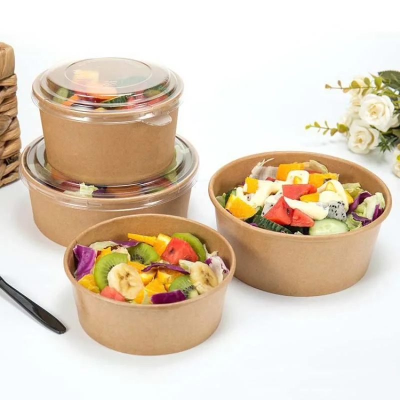 Free Sample Take Away Paper Container Salad Bowls 500ml~1300ml Disposable Kraft Paper Round Bowl for Food Packaging