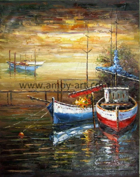 Hand-Painted Palette Knife Boat and Ship Oil Painting