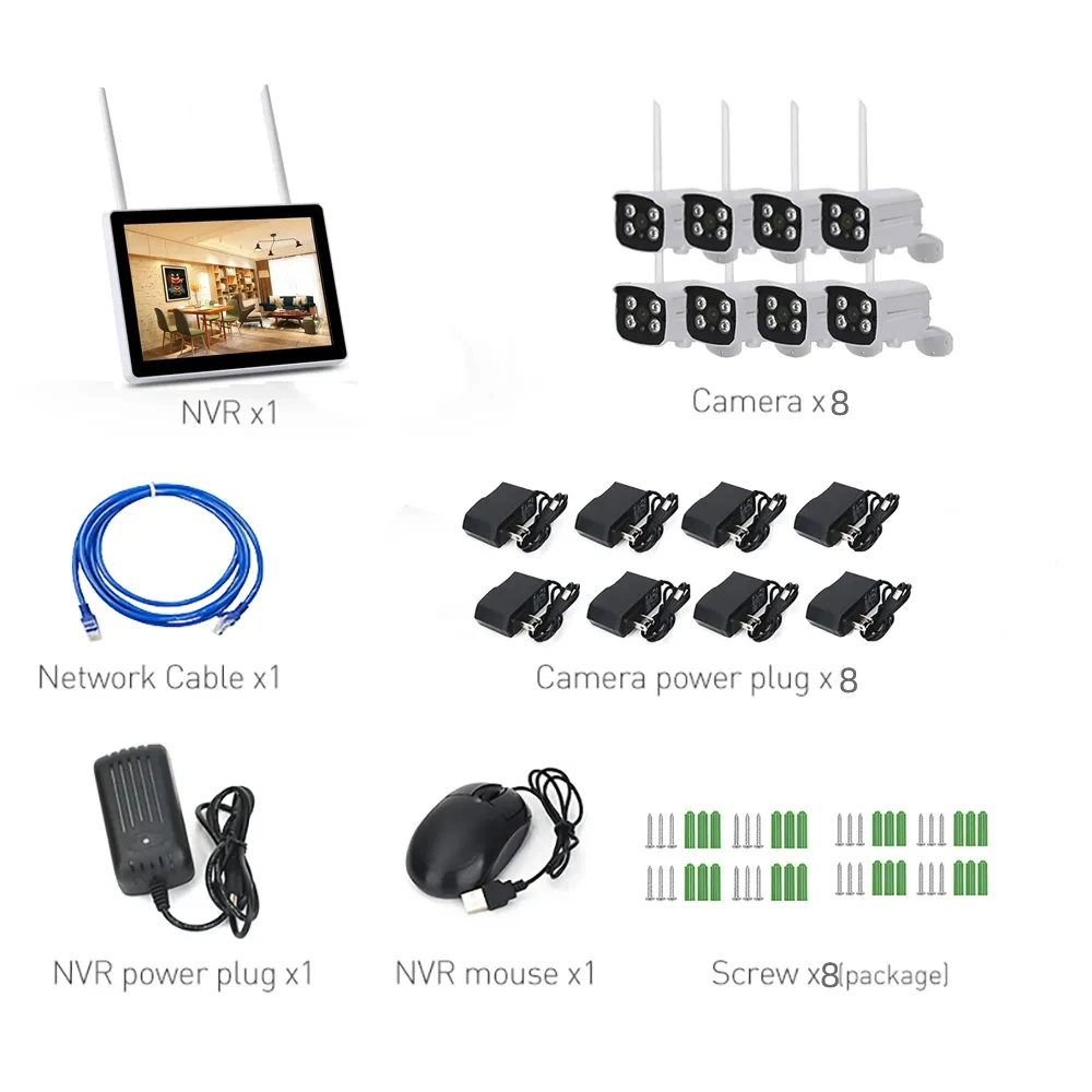 KITS de CÂMARA bullet WiFi H.264 de 4 CANAIS com NVR de 265 canais com sistema de vigilância de vídeo com monitor LCD de 10.1 polegadas