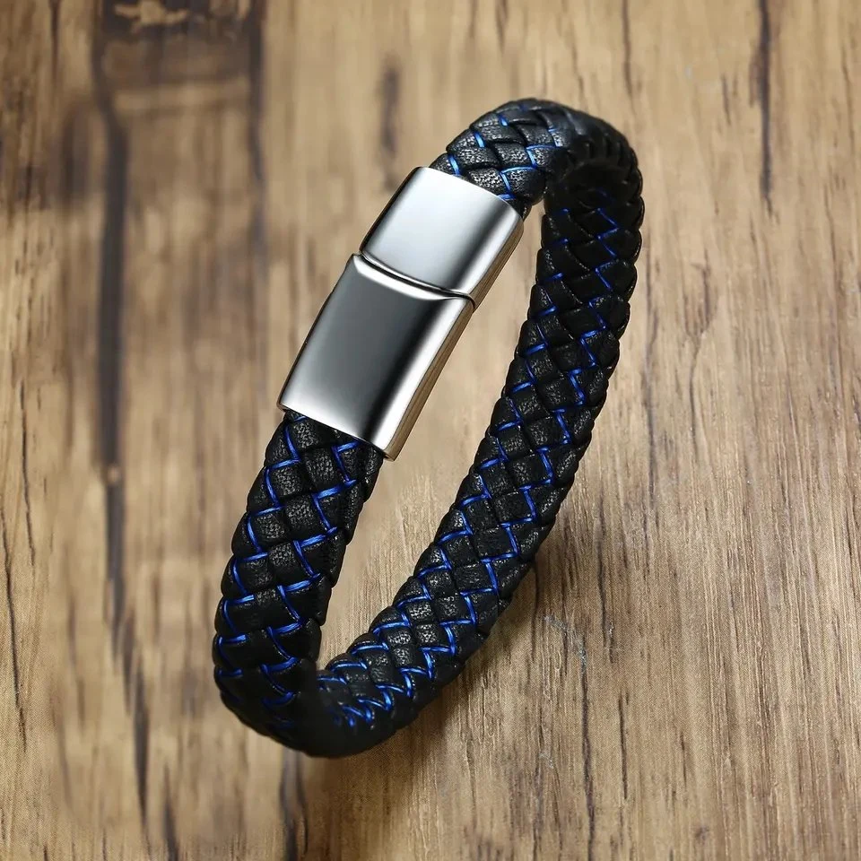 Nuevo Trend Simple Men's Business Blue Leather Bracelet Pulsera de Cuero de Acero Inoxidable Grabable para Parejas