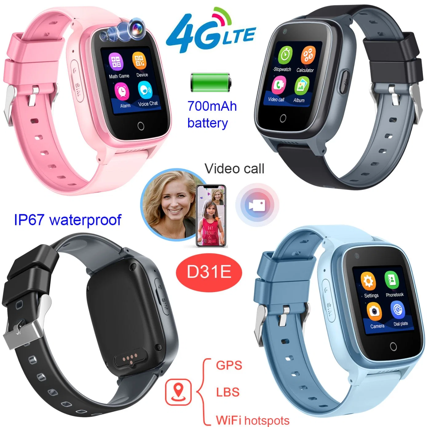 New developed 4G HD Camera Video call Kids security mobile smart Watch phone with no disturb mode in class D31E