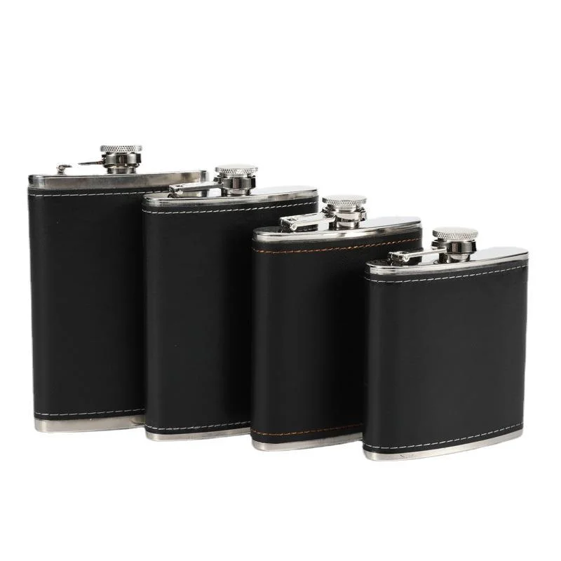 Hip Flask for Liquor and Funnel Leak Proof 18/8 Stainless Steel Pocket Hip Flask with Black Leather Cover