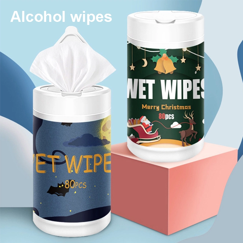 Neu ankommen Weihnachten Festival Alkohol Wet Wipe mit FDA Anti Virus 75% Alkohol Desinfektionsmittel Tücher in Kanistern