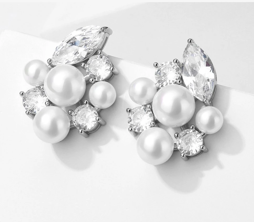 Pearl CZ Earring Stud. Bridal Wedding Pearl Earring. fashion Accessories