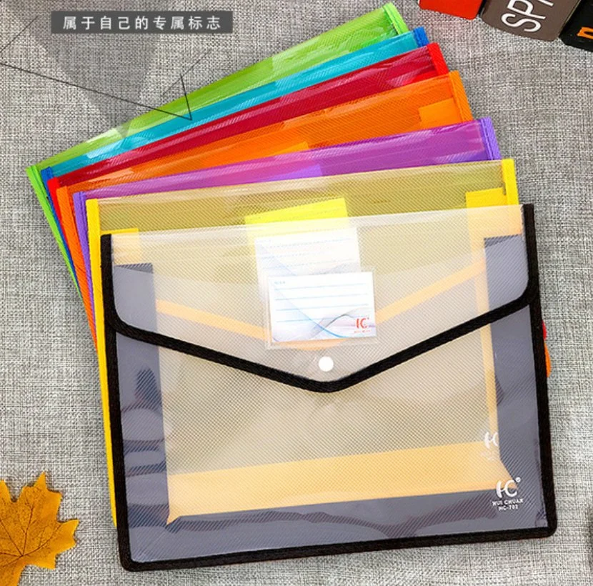 Portable Stationery Transparent A4 Plastic Waterproof File Folder Bag with Button