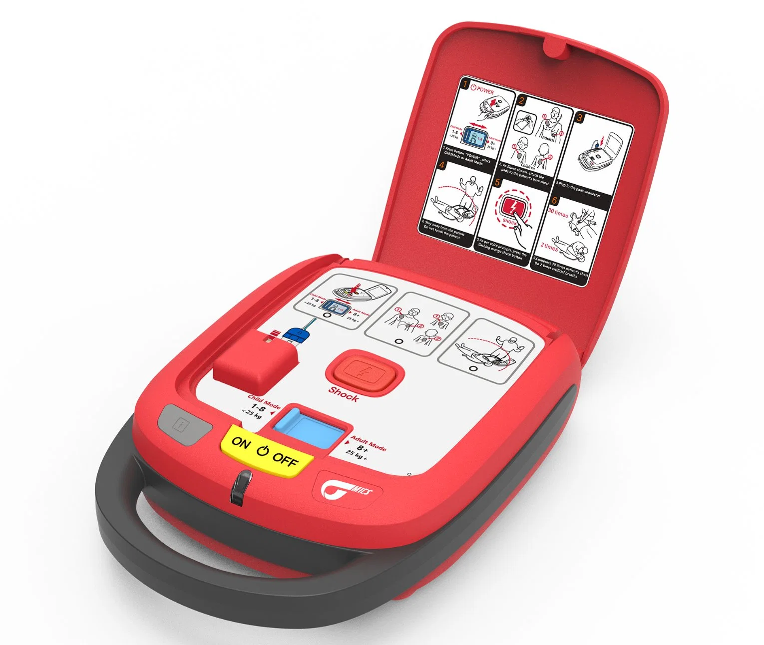 جهاز صدمات القلب الكهربائية الخارجي الآلي (AED) مع لاصقات متوافقة مع البالغين/الأطفال منخفضة الطاقة، Bluetooth