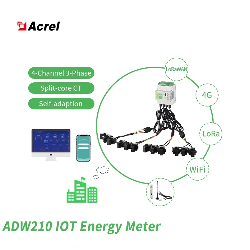Carril DIN Acrel de tres fases Multi-circuito de Energía Mter con RS485 Pantalla LCD Medidor eléctrico inalámbrico parámetros completos medición Adw210
